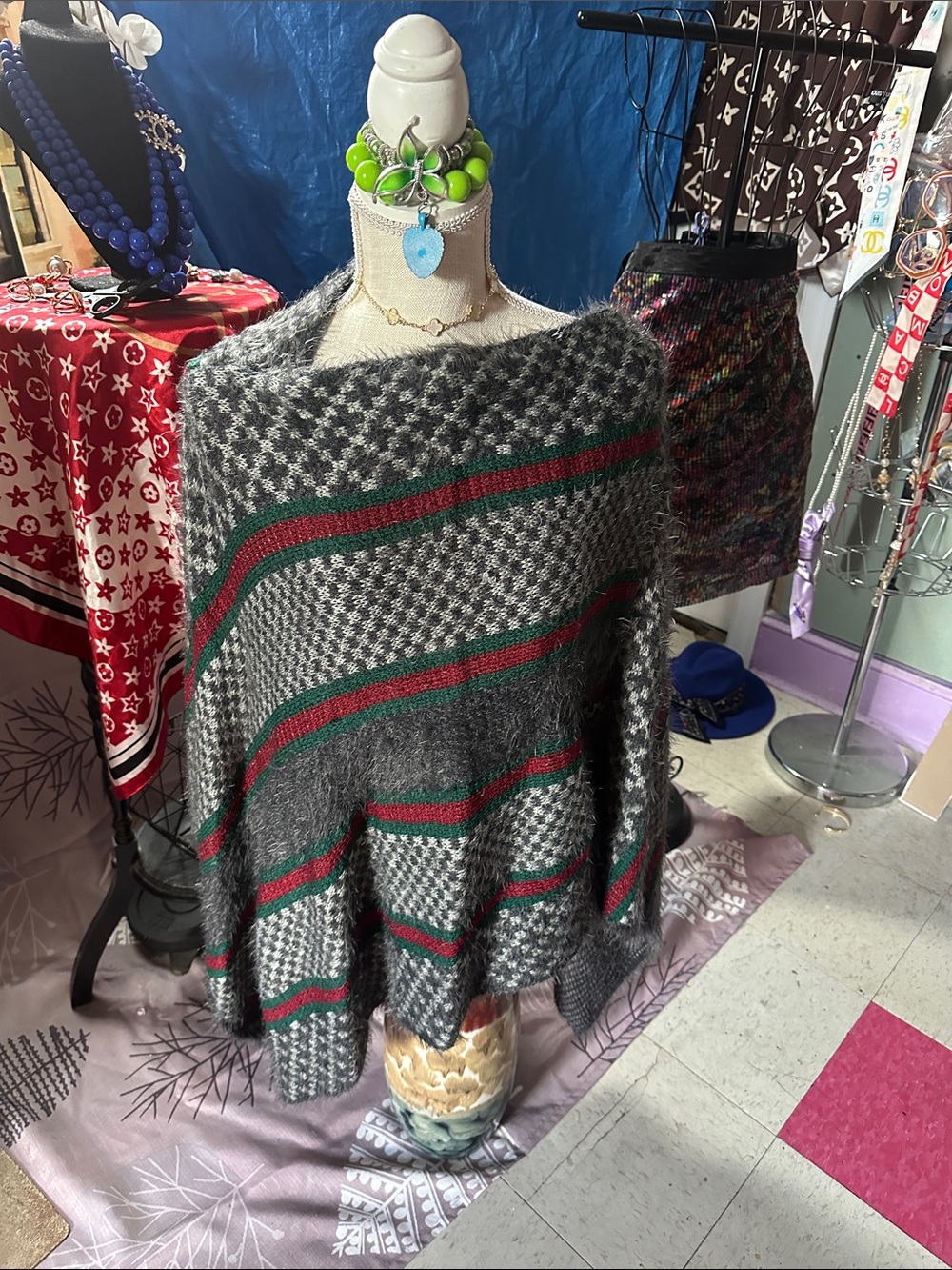 Cozy Grey Houndstooth Poncho with Red & Green Stripes